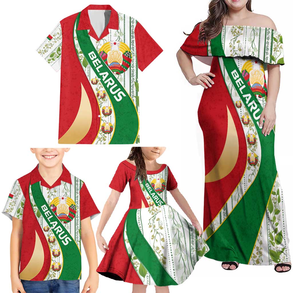Belarus National Emblem Family Matching Off Shoulder Maxi Dress and Hawaiian Shirt with Green Red Gold Floral Folk Pattern Design