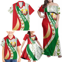 Belarus National Emblem Family Matching Off Shoulder Maxi Dress and Hawaiian Shirt with Green Red Gold Floral Folk Pattern Design