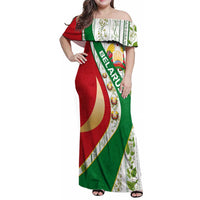 Belarus National Emblem Family Matching Off Shoulder Maxi Dress and Hawaiian Shirt with Green Red Gold Floral Folk Pattern Design