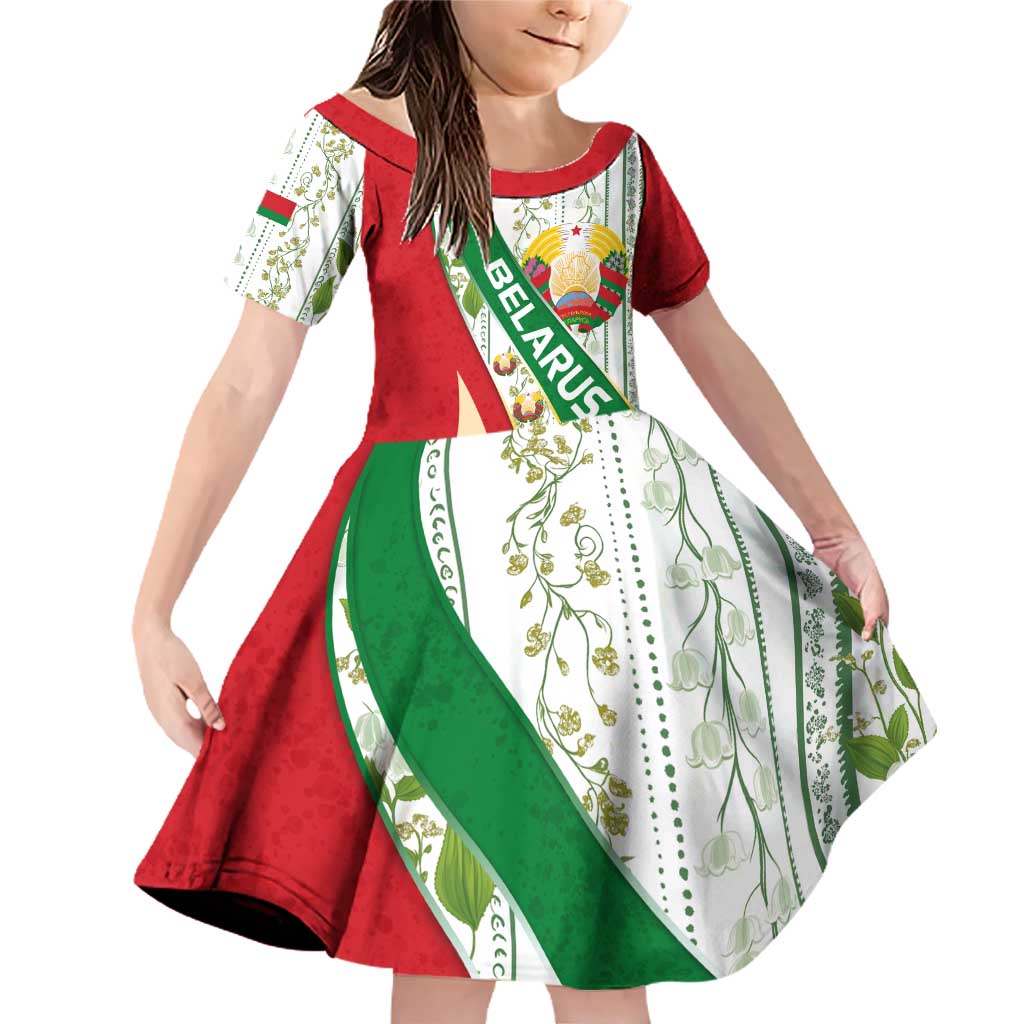 Belarus National Emblem Family Matching Off Shoulder Short Dress and Hawaiian Shirt with Green Red Gold Floral Folk Pattern Design