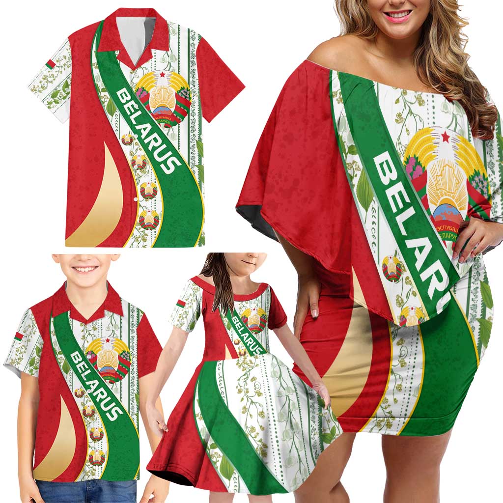 Belarus National Emblem Family Matching Off Shoulder Short Dress and Hawaiian Shirt with Green Red Gold Floral Folk Pattern Design