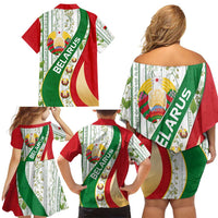 Belarus National Emblem Family Matching Off Shoulder Short Dress and Hawaiian Shirt with Green Red Gold Floral Folk Pattern Design