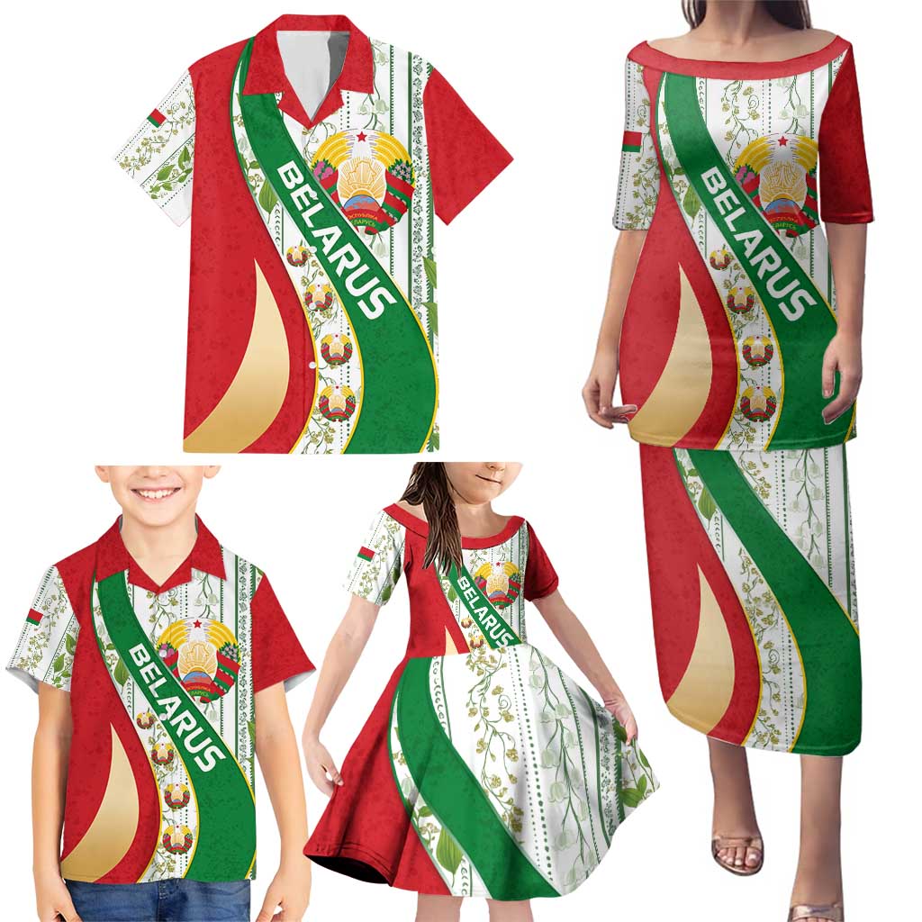 Belarus National Emblem Family Matching Puletasi and Hawaiian Shirt with Green Red Gold Floral Folk Pattern Design