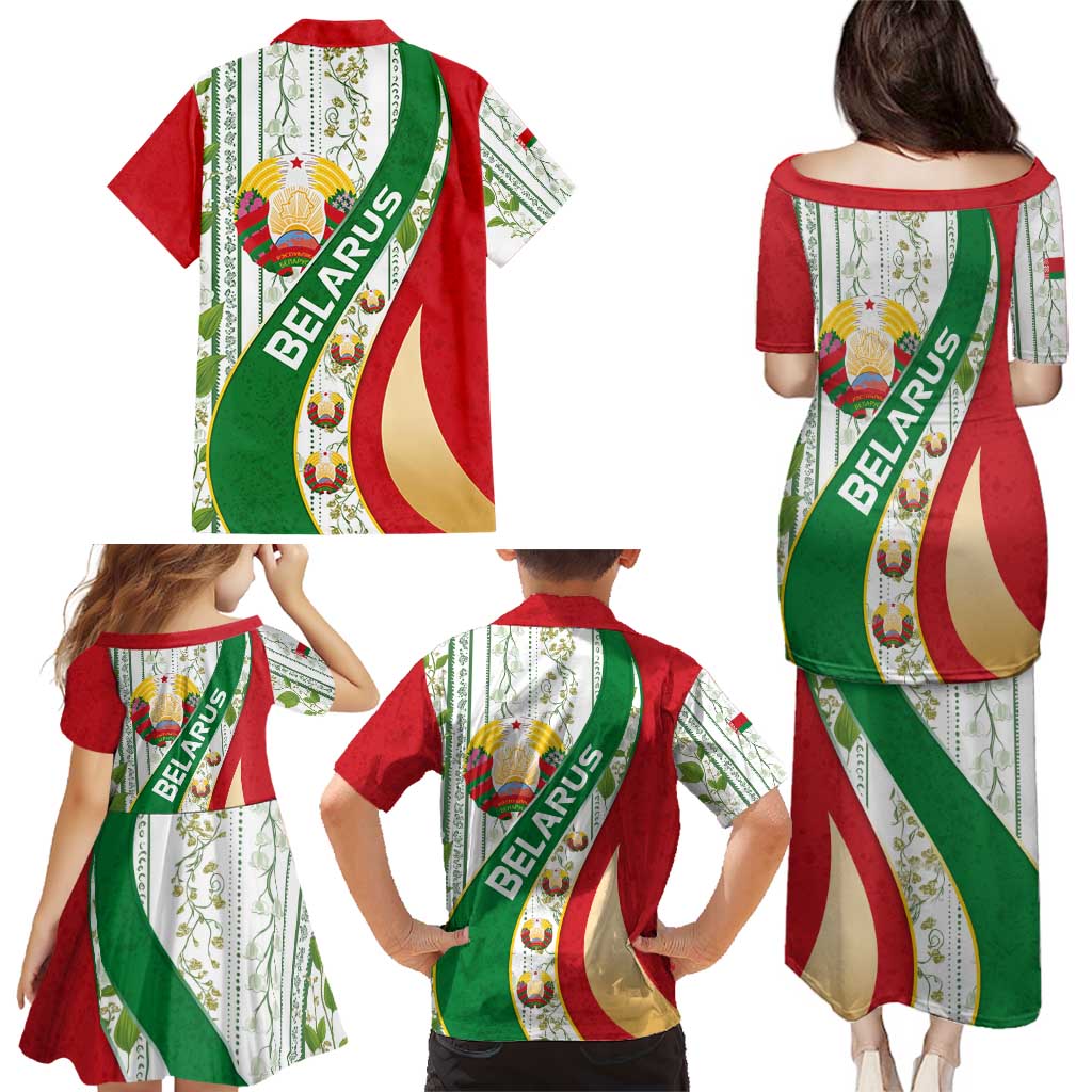 Belarus National Emblem Family Matching Puletasi and Hawaiian Shirt with Green Red Gold Floral Folk Pattern Design