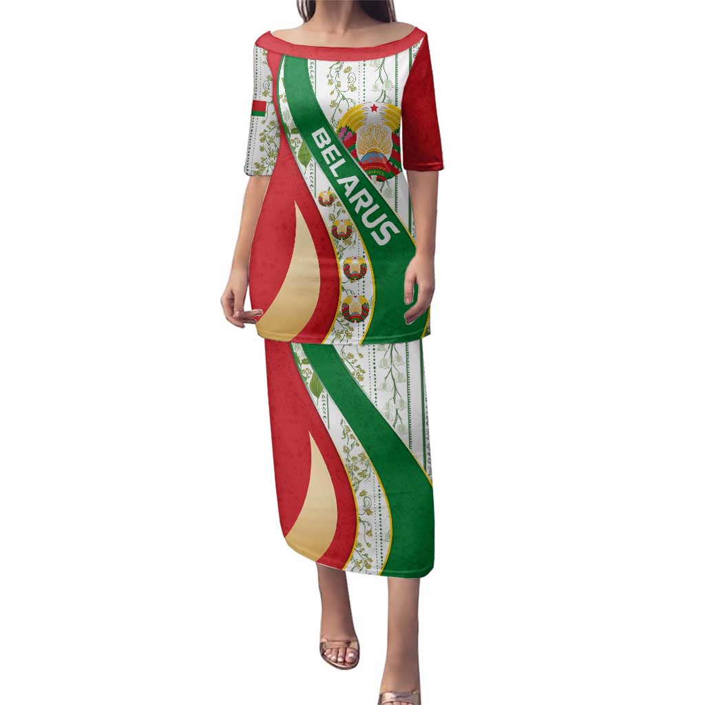 Belarus National Emblem Family Matching Puletasi and Hawaiian Shirt with Green Red Gold Floral Folk Pattern Design