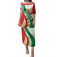 Belarus National Emblem Family Matching Puletasi and Hawaiian Shirt with Green Red Gold Floral Folk Pattern Design