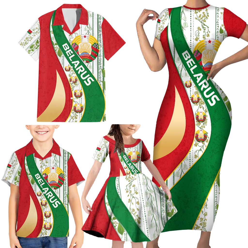 Belarus National Emblem Family Matching Short Sleeve Bodycon Dress and Hawaiian Shirt with Green Red Gold Floral Folk Pattern Design