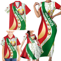Belarus National Emblem Family Matching Short Sleeve Bodycon Dress and Hawaiian Shirt with Green Red Gold Floral Folk Pattern Design