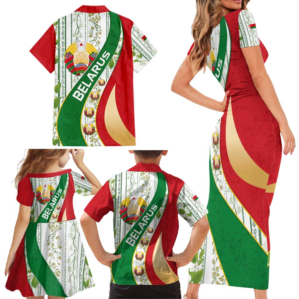 Belarus National Emblem Family Matching Short Sleeve Bodycon Dress and Hawaiian Shirt with Green Red Gold Floral Folk Pattern Design