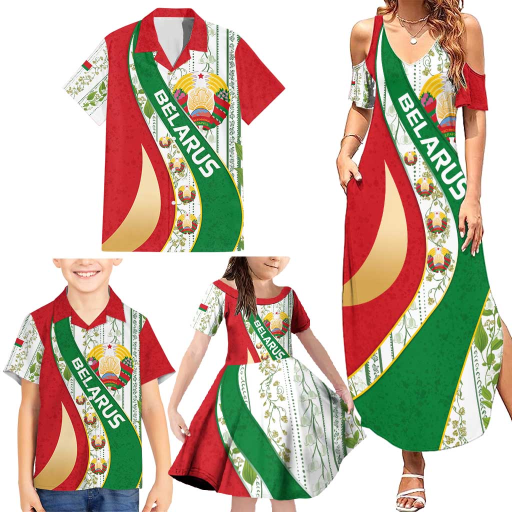 Belarus National Emblem Family Matching Summer Maxi Dress and Hawaiian Shirt with Green Red Gold Floral Folk Pattern Design