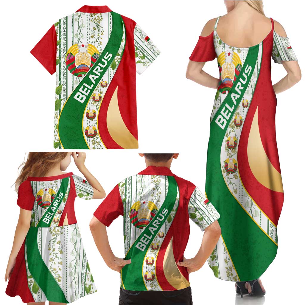 Belarus National Emblem Family Matching Summer Maxi Dress and Hawaiian Shirt with Green Red Gold Floral Folk Pattern Design