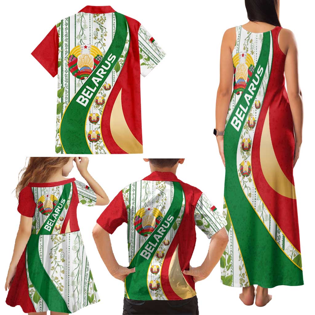 Belarus National Emblem Family Matching Tank Maxi Dress and Hawaiian Shirt with Green Red Gold Floral Folk Pattern Design