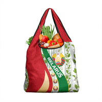 Belarus National Emblem Grocery Bag with Green Red Gold Floral Folk Pattern Design