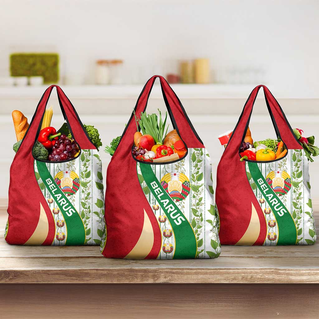 Belarus National Emblem Grocery Bag with Green Red Gold Floral Folk Pattern Design