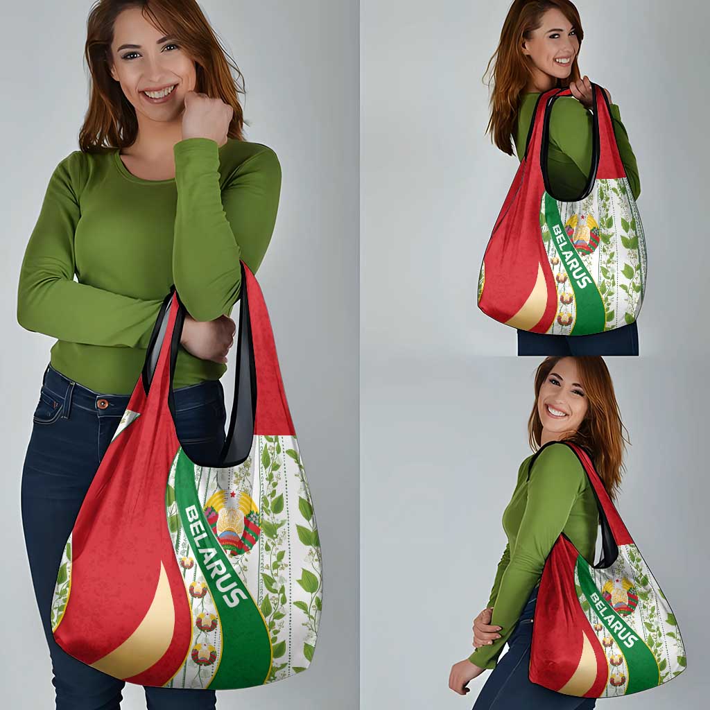 Belarus National Emblem Grocery Bag with Green Red Gold Floral Folk Pattern Design