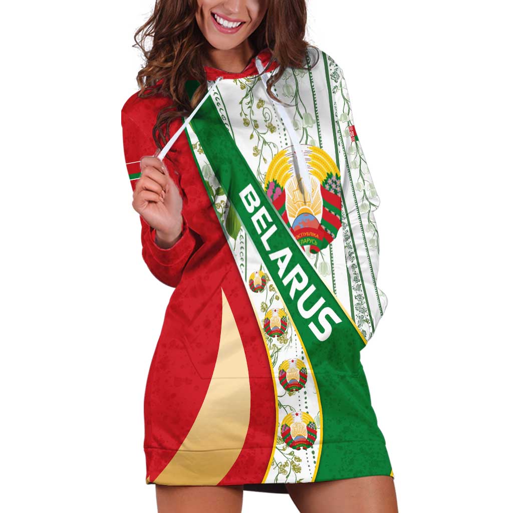 Belarus National Emblem Hoodie Dress with Green Red Gold Floral Folk Pattern Design