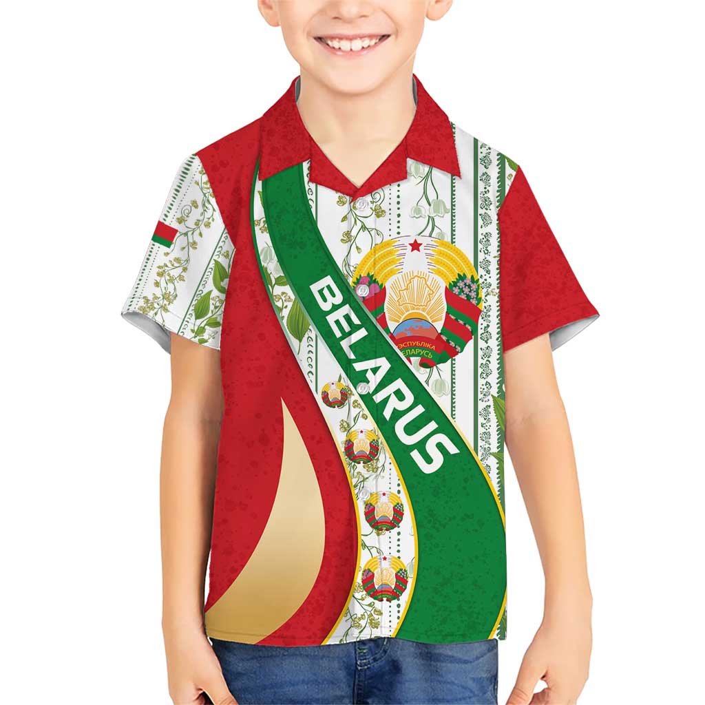 Belarus National Emblem Kid Hawaiian Shirt with Green Red Gold Floral Folk Pattern Design