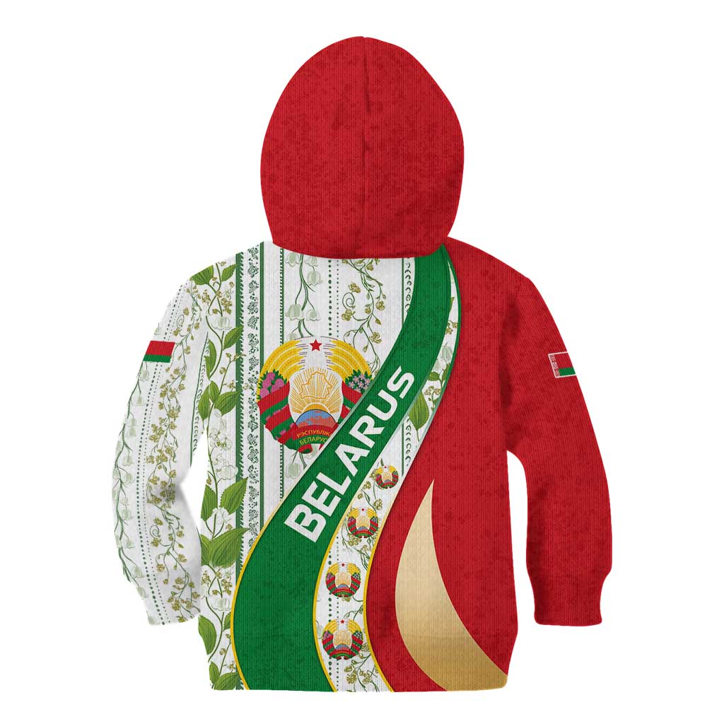 Belarus National Emblem Kid Hoodie with Green Red Gold Floral Folk Pattern Design