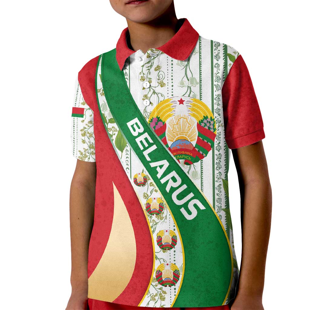 Belarus National Emblem Kid Polo Shirt with Green Red Gold Floral Folk Pattern Design