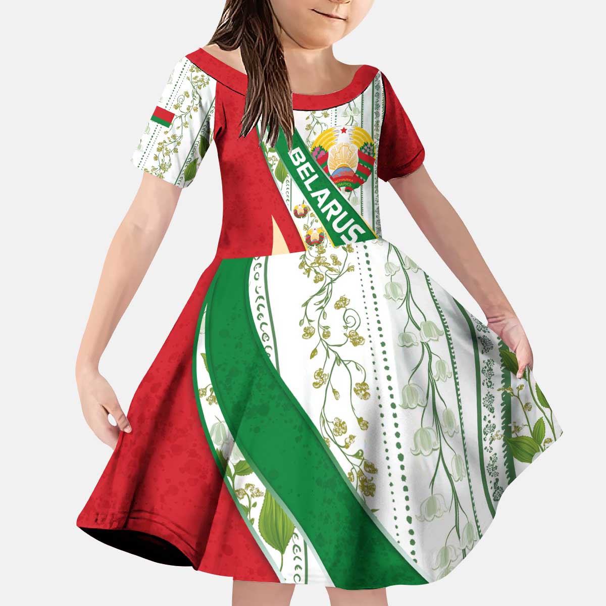 Belarus National Emblem Kid Short Sleeve Dress with Green Red Gold Floral Folk Pattern Design