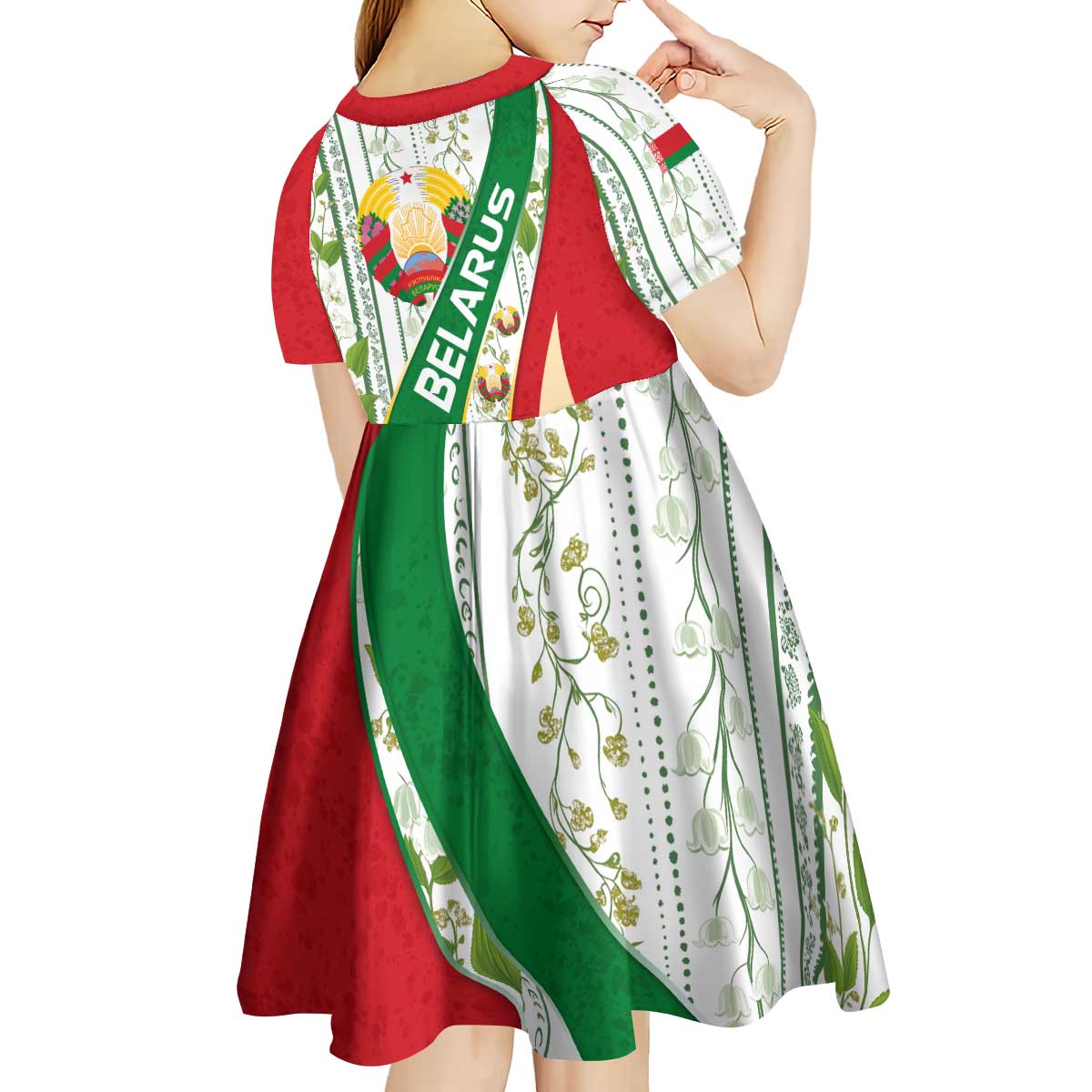 Belarus National Emblem Kid Short Sleeve Dress with Green Red Gold Floral Folk Pattern Design