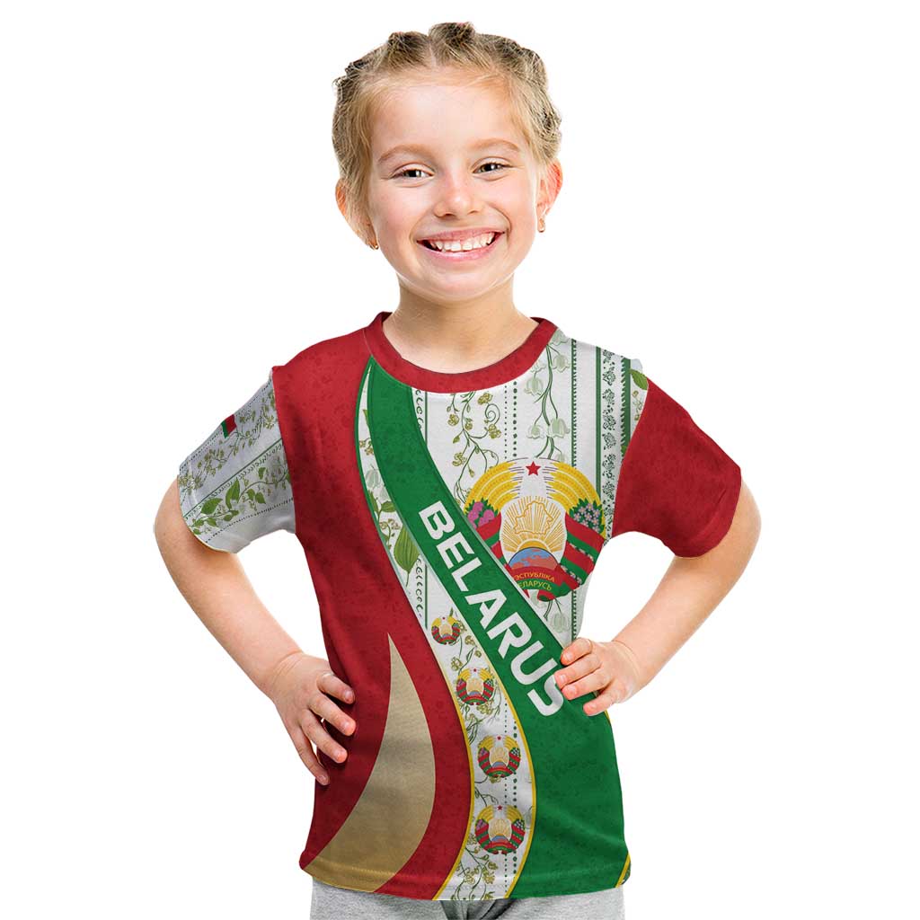 Belarus National Emblem Kid T Shirt with Green Red Gold Floral Folk Pattern Design