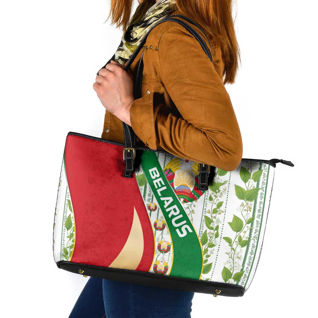 Belarus National Emblem Leather Tote Bag with Green Red Gold Floral Folk Pattern Design