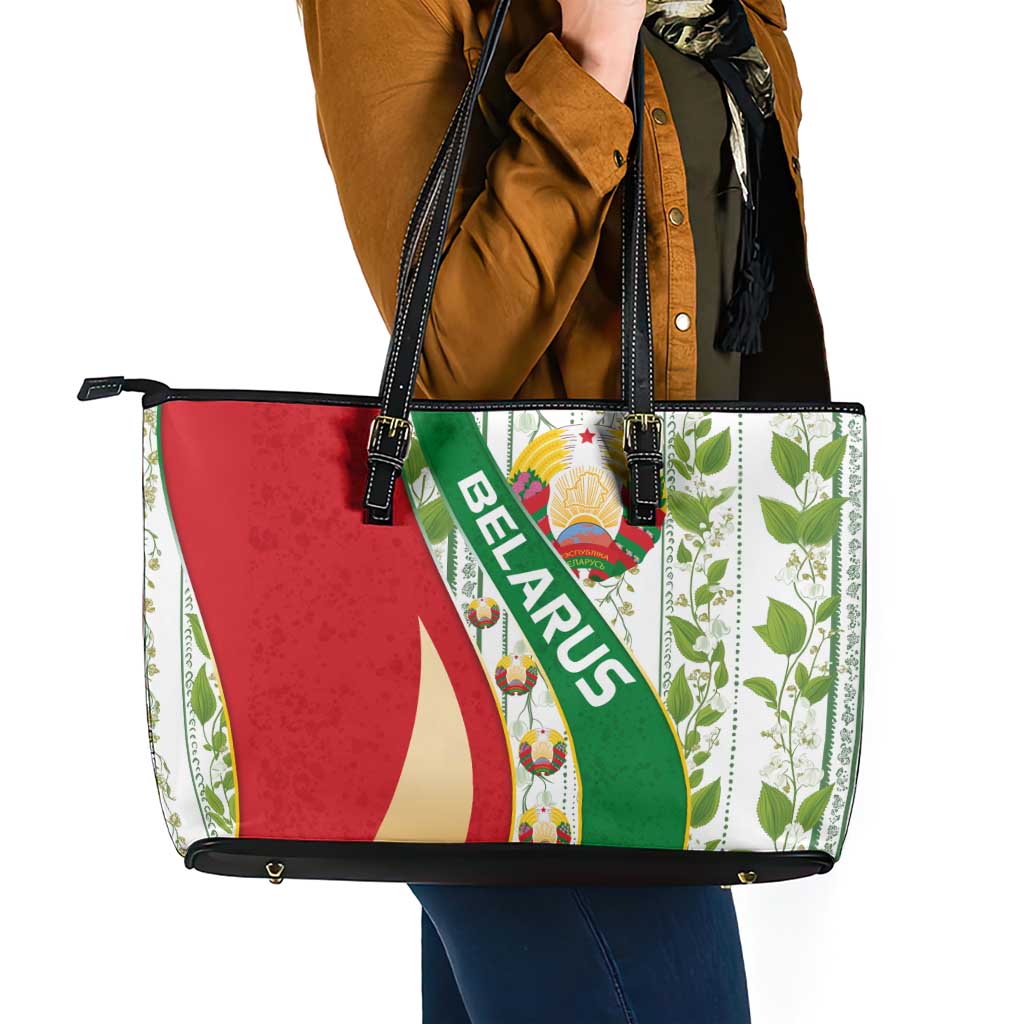 Belarus National Emblem Leather Tote Bag with Green Red Gold Floral Folk Pattern Design