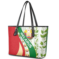 Belarus National Emblem Leather Tote Bag with Green Red Gold Floral Folk Pattern Design