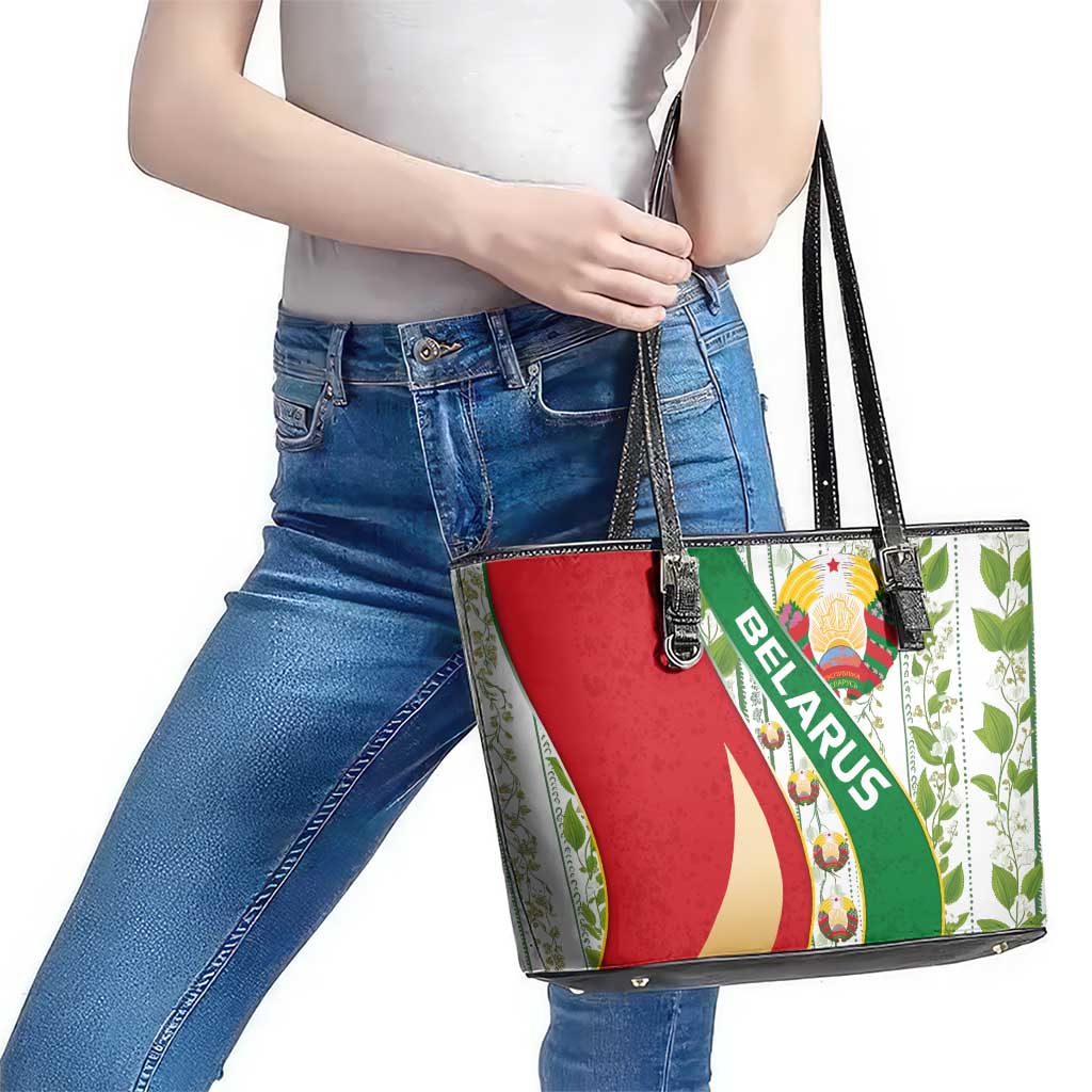 Belarus National Emblem Leather Tote Bag with Green Red Gold Floral Folk Pattern Design