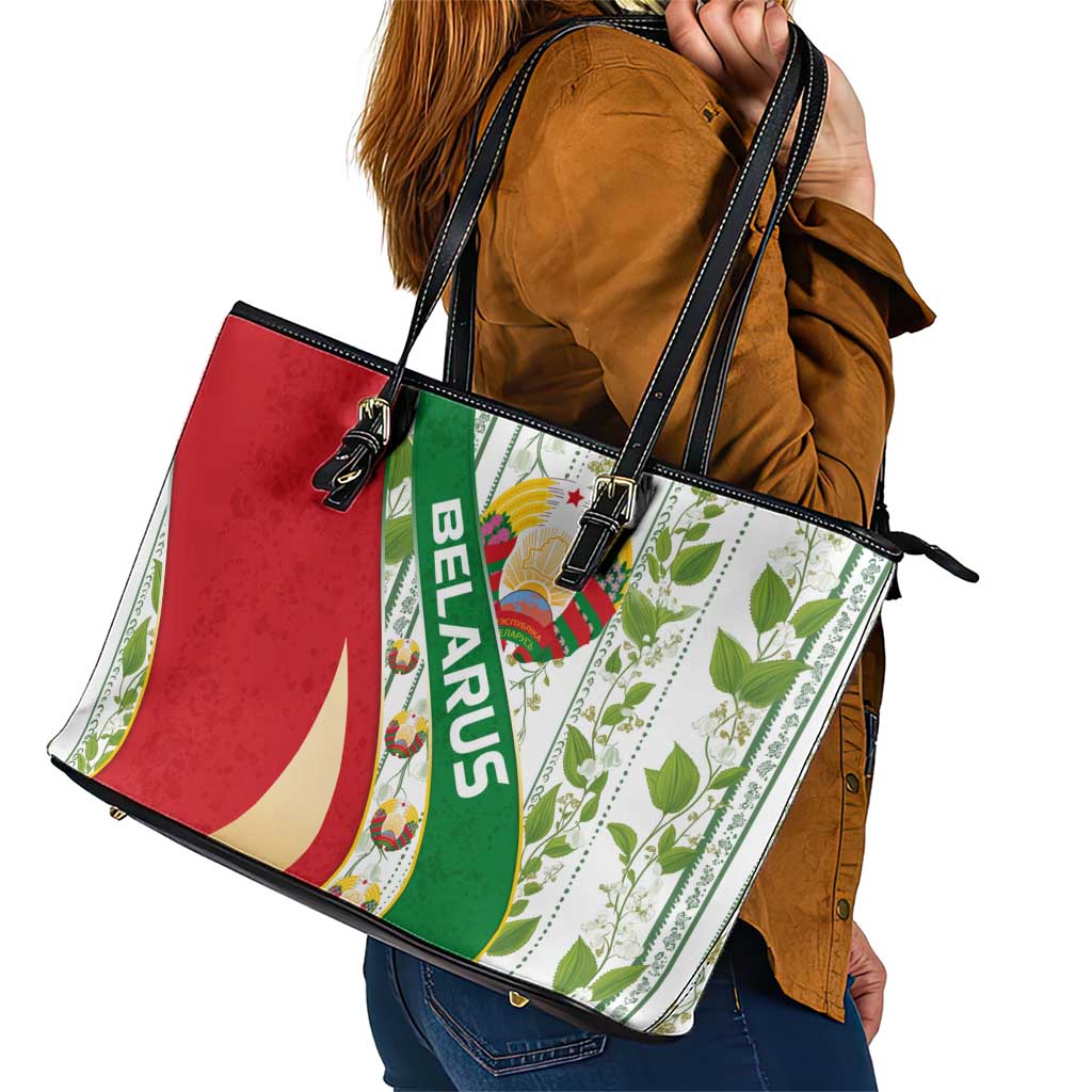 Belarus National Emblem Leather Tote Bag with Green Red Gold Floral Folk Pattern Design