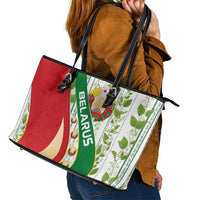 Belarus National Emblem Leather Tote Bag with Green Red Gold Floral Folk Pattern Design