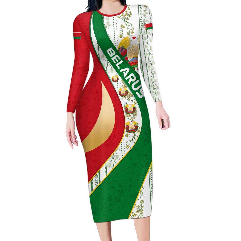 Belarus National Emblem Long Sleeve Bodycon Dress with Green Red Gold Floral Folk Pattern Design