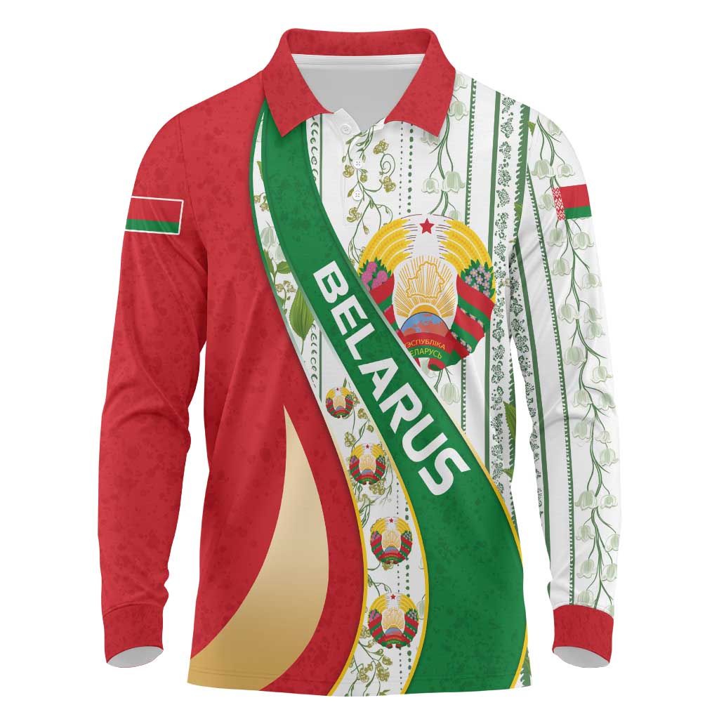 Belarus National Emblem Long Sleeve Polo Shirt with Green Red Gold Floral Folk Pattern Design