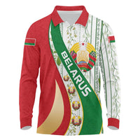 Belarus National Emblem Long Sleeve Polo Shirt with Green Red Gold Floral Folk Pattern Design
