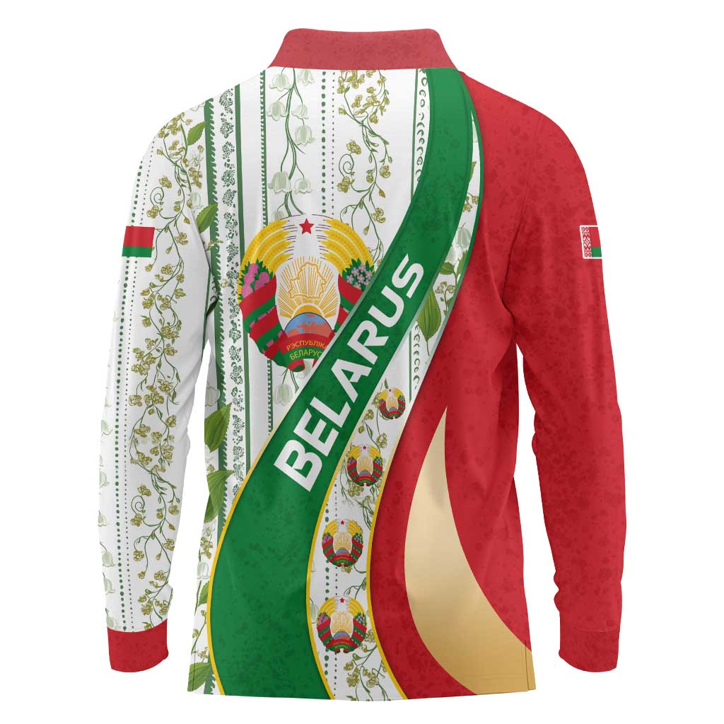 Belarus National Emblem Long Sleeve Polo Shirt with Green Red Gold Floral Folk Pattern Design