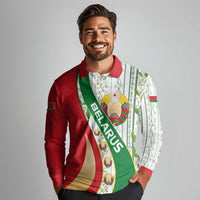 Belarus National Emblem Long Sleeve Polo Shirt with Green Red Gold Floral Folk Pattern Design