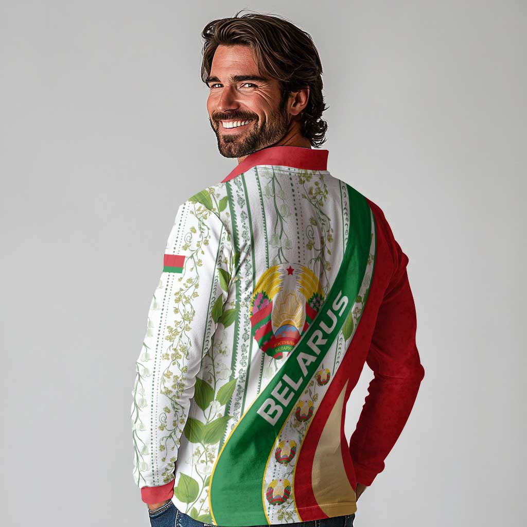 Belarus National Emblem Long Sleeve Polo Shirt with Green Red Gold Floral Folk Pattern Design