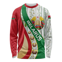 Belarus National Emblem Long Sleeve Shirt with Green Red Gold Floral Folk Pattern Design