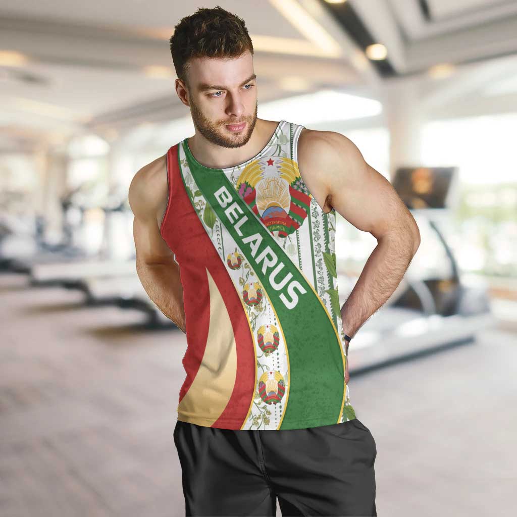 Belarus National Emblem Men Tank Top with Green Red Gold Floral Folk Pattern Design