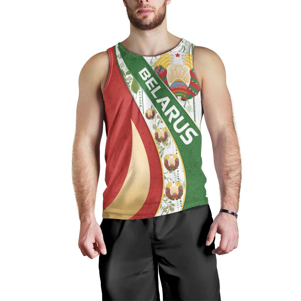Belarus National Emblem Men Tank Top with Green Red Gold Floral Folk Pattern Design