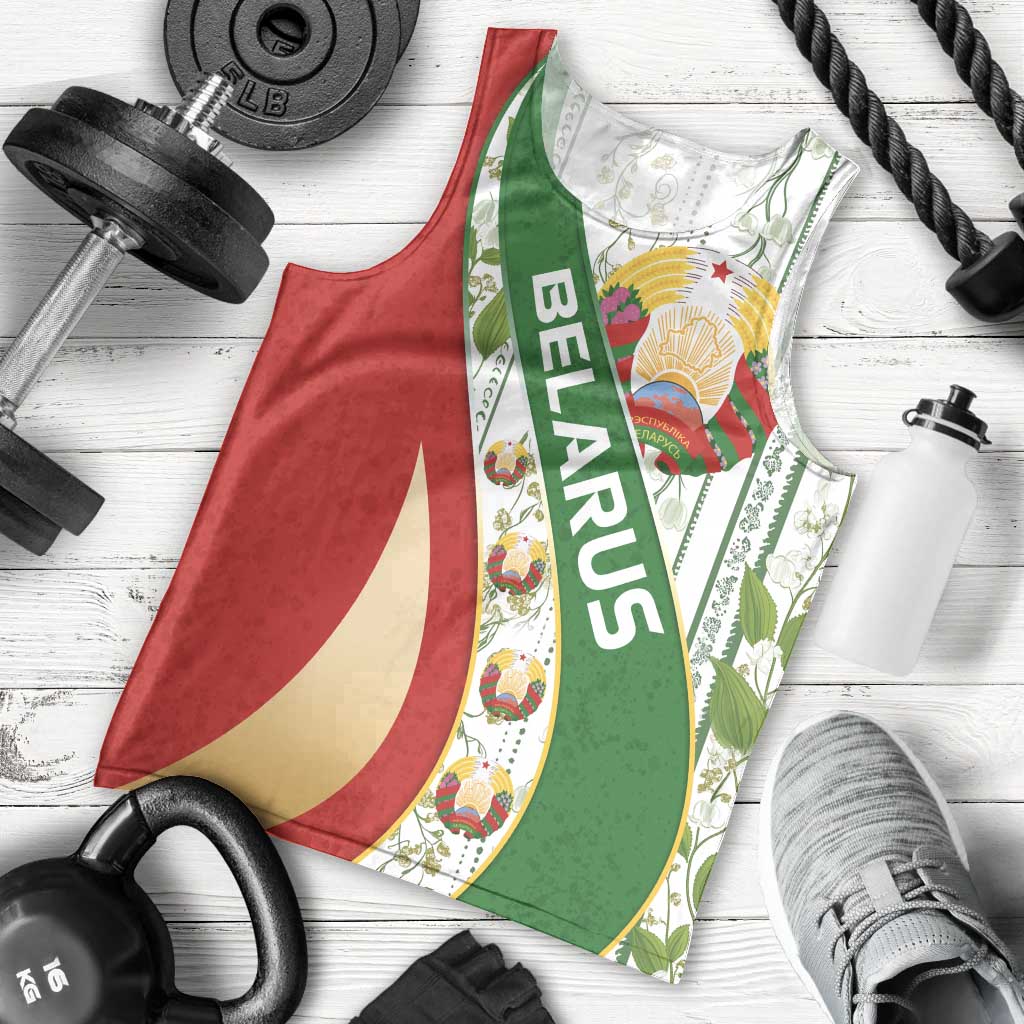 Belarus National Emblem Men Tank Top with Green Red Gold Floral Folk Pattern Design