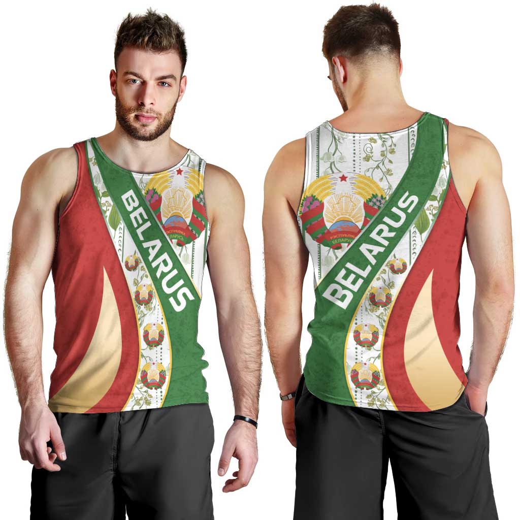 Belarus National Emblem Men Tank Top with Green Red Gold Floral Folk Pattern Design