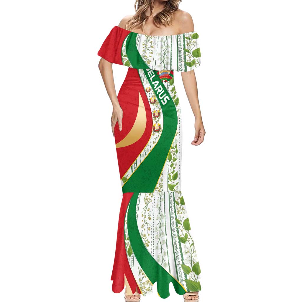 Belarus National Emblem Mermaid Dress with Green Red Gold Floral Folk Pattern Design