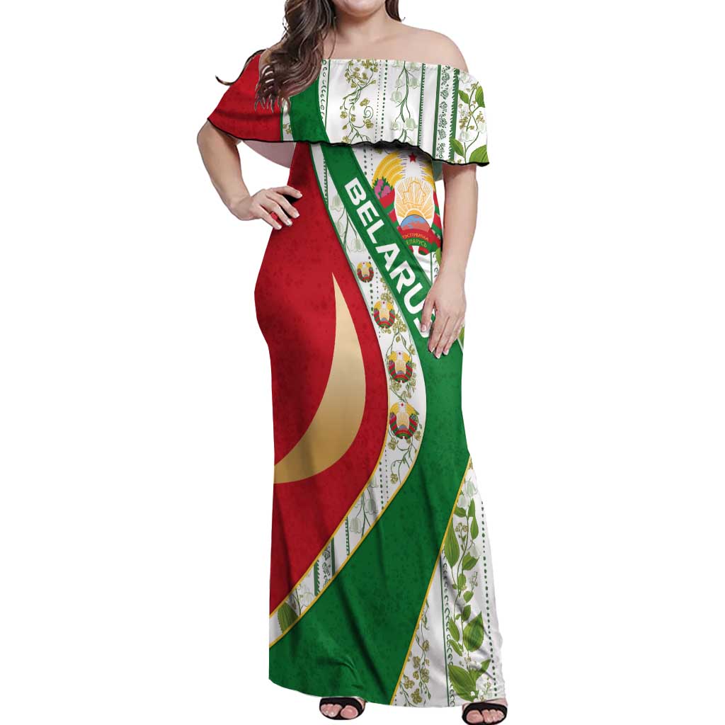 Belarus National Emblem Off Shoulder Maxi Dress with Green Red Gold Floral Folk Pattern Design