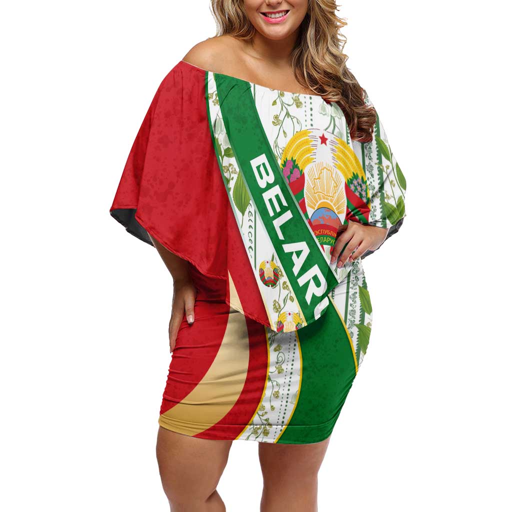 Belarus National Emblem Off Shoulder Short Dress with Green Red Gold Floral Folk Pattern Design