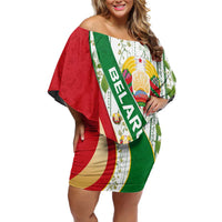 Belarus National Emblem Off Shoulder Short Dress with Green Red Gold Floral Folk Pattern Design