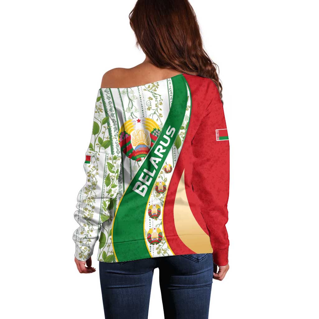 Belarus National Emblem Off Shoulder Sweater with Green Red Gold Floral Folk Pattern Design