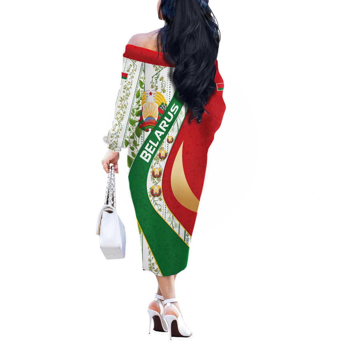 Belarus National Emblem Off The Shoulder Long Sleeve Dress with Green Red Gold Floral Folk Pattern Design