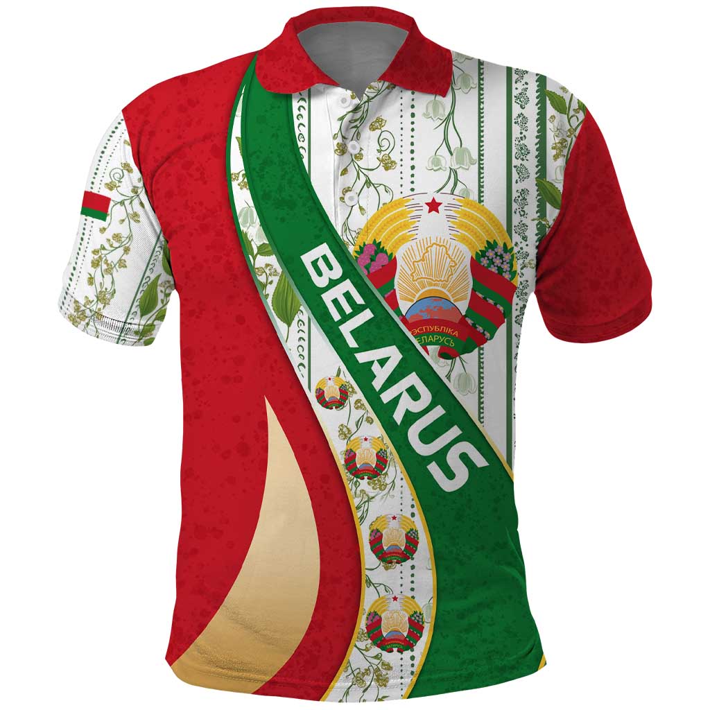 Belarus National Emblem Polo Shirt with Green Red Gold Floral Folk Pattern Design